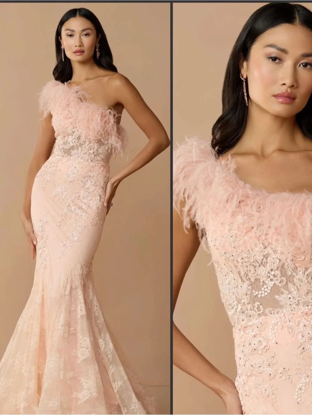 MAC DUGGAL COLLECTION 79451 Peach One Shoulder Feather Embellished Mermaid Gown
